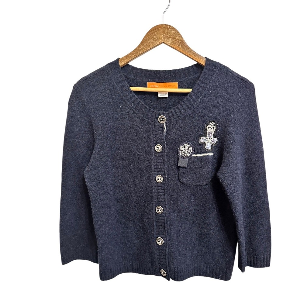 Cynthia Steffe Navy Blue Button Up Cardigan Sweater Embellished Pocket Size L